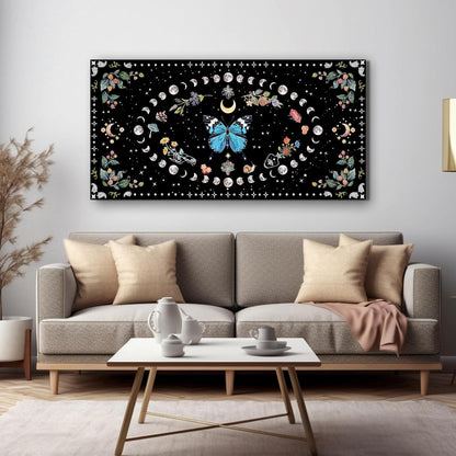 Canvas Wall Art Prints Blue Boho Wall art Decor Canvas Art Wall Decor Wall Pictures for Living Room Vintage Butterfly Wall Art Moon Flower Abstract Artwork for Walls Home Bedroom Decor 20" X 40"