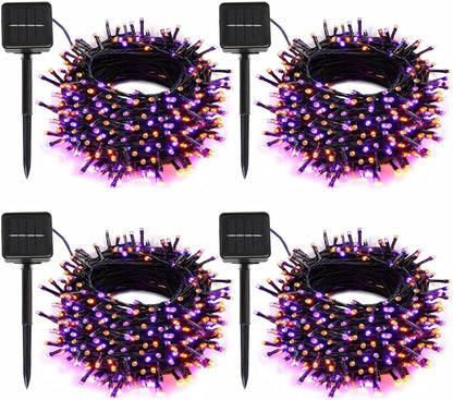 4-Pack Solar String Lights,156Ft Extra-Long 400 LED Waterproof Solar Halloween Lights, 8 Modes for Garden, Patio, Wedding (Purple & Orange)