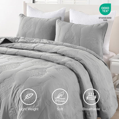 HORIMOTE HOME Grey Quilt Queen Size Floral Quilt Bedspread Lightweight Soft Pre-Washed Microfiber Bedcover, 3 Pieces Thin Comforter Bed Cover Bedding Set for All Season
