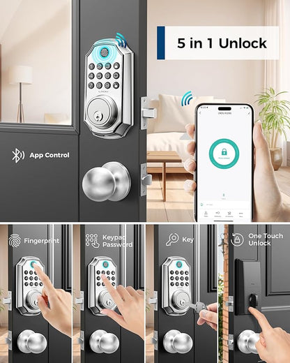 Keyless Entry Door Lock with Handle, App Control Front Door Lock Set Keyless Entry, LNDU 100 Passcode Door Locks for Front Door, Auto Lock One Touch Lock, Anti-Peeking Password, Easy to Install