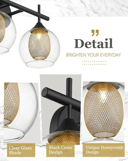Black and Gold Bathroom Light Fixture, Farmhouse Wall Sconce Lighting with Clear Glass and Honeycomb Metal Shade, 2-Light Black Brass Vanity Light Over Mirror, AD-22001-2W-BK