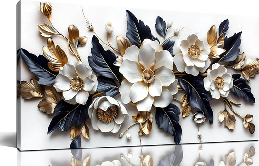 HUBOSKN Flower Pictures Wall Decor for Living Room - Blue White and Gold Wall Art for Bedroom - Modern Wall Decor for Bedroom Women Size 20" x 40"