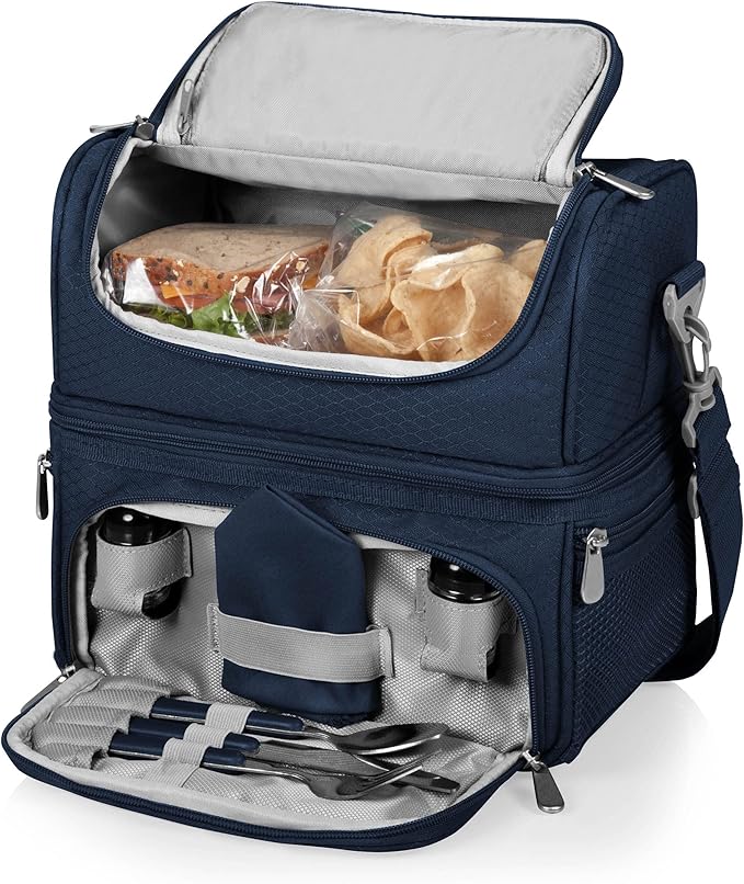 PICNIC TIME Star Wars Mandalorian Grogu Pranzo Insulated Lunch Box, Soft Sided Cooler Bag with Utensil Set, Dual Compartment Lunch Tote, (Navy Blue)
