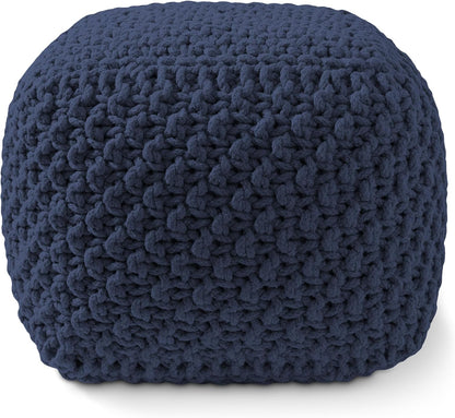 Casafield Square Pouf Ottoman, Navy Blue 18.5" W x 18.5" D x 14.5" H Cotton Knit Foot Stool - Boho Floor Pouffe for Living Room, Bedroom, Home Office