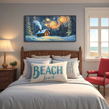 QZQCBLC Vintage Forest Wall Art, Large Farm Hut Landscape Pictures White Snow Green Trees Orange Clouds Abstract Painting Framed Artwork for Living room Bedroom kitchen Home Office Decor 24x48 IN