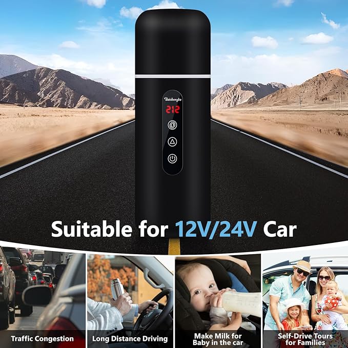 Electric Travel Kettle,12V/24V Car Coffee Warmer Kettle,Portable Hot Water Boiler,Small Hot Water Heater with Built-in Magnetic Induction Stirring