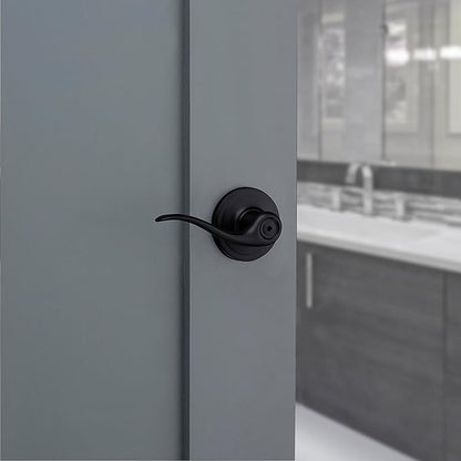 Kwikset Tustin Interior Privacy Door Handle with Lock, Door Lever For Bathroom and Bedroom, Matte Black Reversible Keyless Push Button Lock Door Lever, with Microban Protection