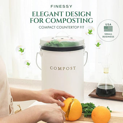 White 1.3 Galion Indoor Compost Bin Kitchen Odorless with Lid for Composting Food Waste Bucket for Counters, Stainless Steel Kitchen Compost Bin Countertop Trash Can Scrap Container Composter Caddy