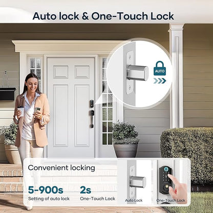 Smart Lock Front Door, SMONET Keyless Entry Door Lock with Handle, Smart Front Door Lock Set Fingerprint Smart Deadbolt Bluetooth Electronic Digital Keypad Lock, Auto Lock Work with Alexa, Black