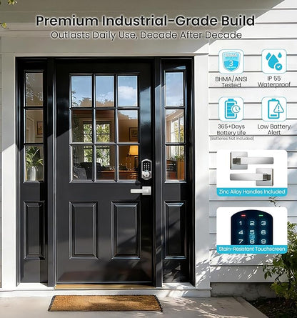Veise VE07-L Fingerprint App Control Smart Locks with Heavy-Duty Zinc Alloy Handles, Keyless Entry for Front Door, Digital Electronic Touchscreen, Auto Lock, Waterproof, Easy Install, Satin Nickel
