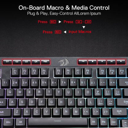 Redragon K515 Shiva Wired RGB Membrane Gaming Keyboard, 98 Keys Mechanical-Feel Keyboard w/Smooth Linear Switch, On-Board Macro & Dedicated Multimedia Keys, Detachable Wrist Rest, Software Supported