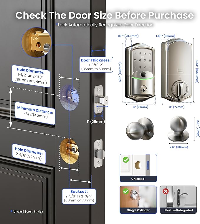 Veise VE027-K Built-in WiFi Smart Lock with 2 Knob, Fingerprint Keyless Entry Door Lock Handle Set for Front Door, App Remote Control, Electronic Digital Keypad Deadbolt, IP65 Waterproof, Satin Nickel