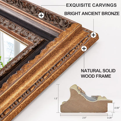 Antique Bronze Mirror 36.5" X 25", Bathroom Wall Mirror with Ornate Carvings Solid Wood Frame, Handmade Aging, for Vintage Living Room, Hallway and Bedroom