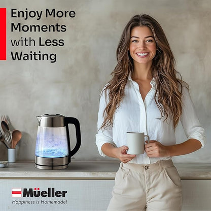 Mueller Rapid Boil Electric Tea Kettle 1.8L – Borosilicate Glass & Stainless Steel – BPA-Free Hot Water Boiler, LED Light, Auto Shut-Off, Boil Dry Protection Fast Water Heater – Kitchen Appliances