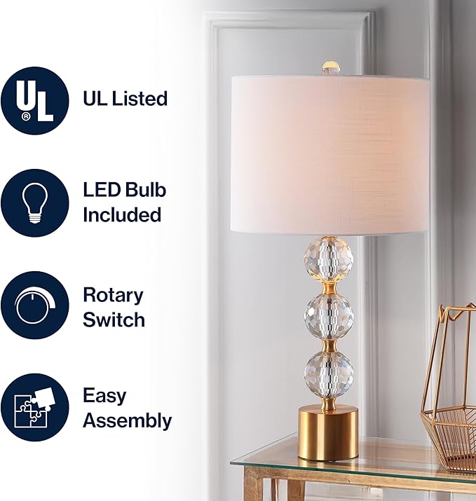 JONATHAN Y 25.25" Clear and Brass Gold Crystal Table Lamp, Modern Glam Faceted Orb Bedside Lamp with White Linen Drum Shade for Living Room Bedroom, LED Bulb Included JYL5017A