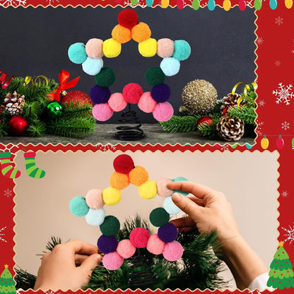 Rainbow Mini Felt Ball Star Christmas Tree Topper Small Colorful Pom Pom Felt Ball 4.7 x 5.9 Inch Tiny Xmas Tree Topper Colorful Five Pointed Star Xmas Ornaments for Decoration