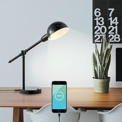 JONATHAN Y 20.25" Black Vintage Industrial Iron Adjustable Task Lamp with USB Charging Port for Office Desk, Metal Yellow Dome Shade, LED Bulb Included JYL7123A