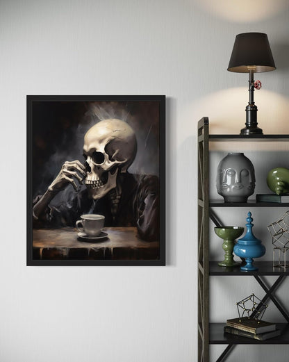 Skull Drinking Coffee Poster Art Print, Halloween Scary Vintage Wall Art Academia Spooky Painting Decoration for Horror Prints, Gothic Posters Bedroom Decor 89 (Skull Drinking Coffee, 8 x 10 inches, Black Frame)