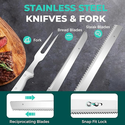 HAUSHOF Cordless Electric Knife Set for Meat Slicing, 8V Electric Carving Knife for Fish, Bread, Turkey, Rechargeable Meat Cutter with Reciprocating Stainless Steel Blades, Safety Lock & Storage Case