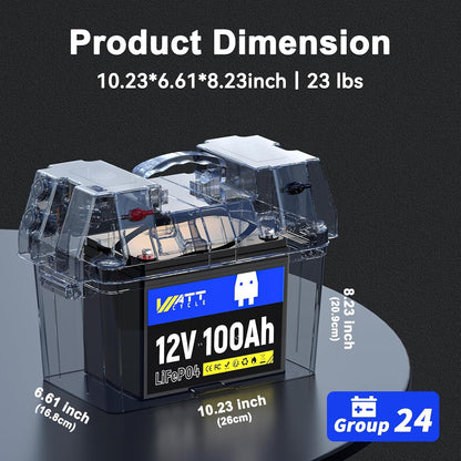 12V 100Ah LiFePO4 Lithium Battery - BCI Group 24, 15000 Cycles, Built-in 100A BMS, Low-Temperature Protection - Ideal for RVs, Golf Cart, Home Energy Storage, Boats and Marine Applications