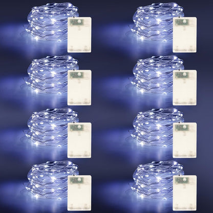 Fairy Lights Battery Operated String Lights 16.4ft 50LED Flashing and Constant Light Waterproof Silver Wire for Christmas DIY Party Bedroom Wedding (White, 8 Pack)