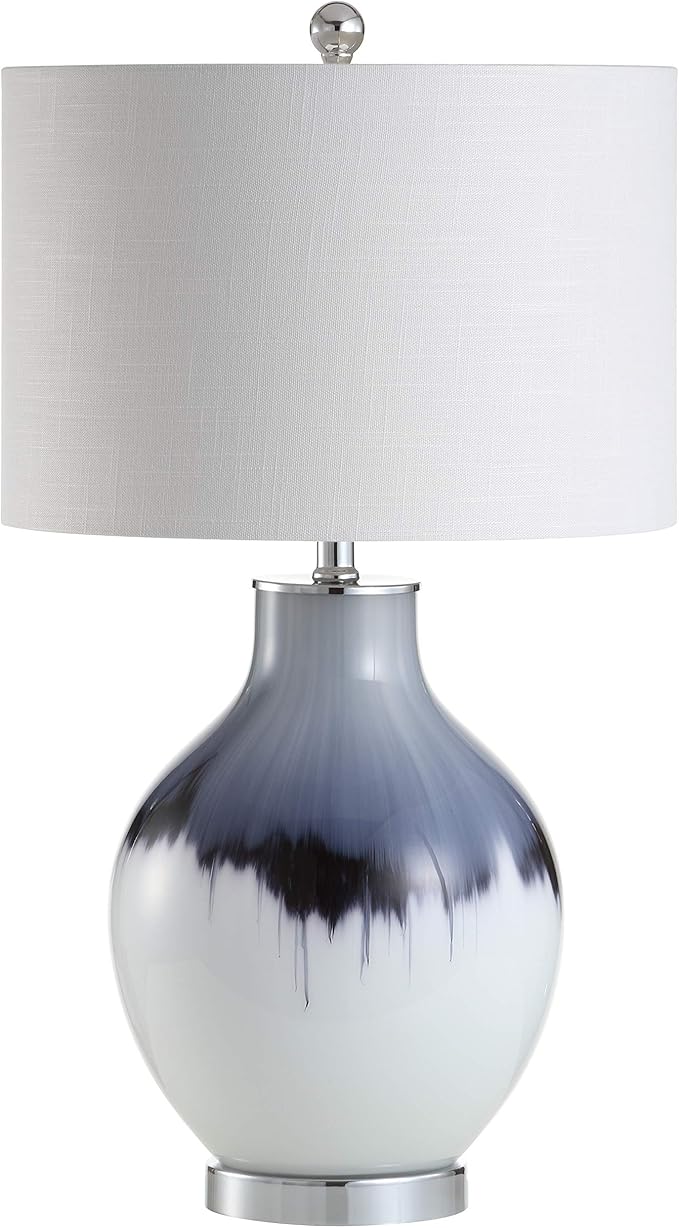 JONATHAN Y 27" Blue/White Drip Glass and Metal Table Lamp, Modern Transitional Bedside Lamp for Living Room Bedroom, White Linen Drum Shade, LED Bulb Included JYL1065A
