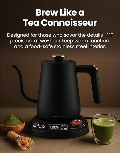 Vianté Electric Gooseneck Kettle with Precise Temperature Control. Pour Over Coffee & Tea Kettle. Boil-Dry Protection & Keep Warm Function. Stainless Steel, BPA-Free. Includes #2 Filters. 0.8L