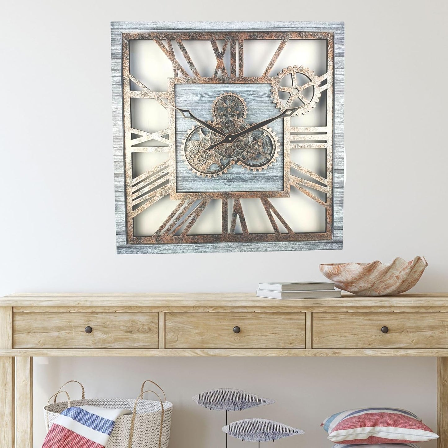 The Gears Clock 24'' Inch Square Real Moving Gear Wall Clock Vintage Industrial Oversized Rustic Farmhouse (Silver Grey)
