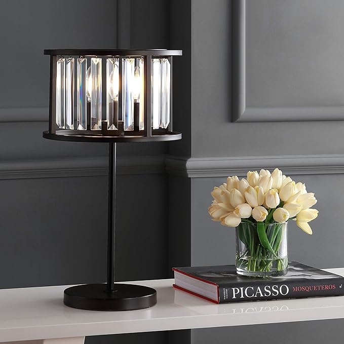 JONATHAN Y 21.5" Oil Rubbed Bronze 2-Light Metal and Crystal Table Lamp, Traditional Geometric Bedside Lamp with Linear Crystals for Living Room, LED Bulbs Included JYL9053A