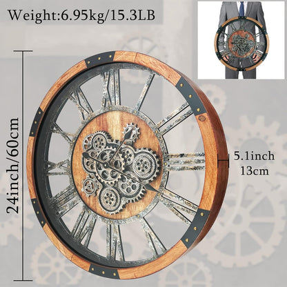 24 Inch Moving Gear Wall Clock, Oversized Wall Clocks, Clock Living Room Decor, Solid Wood Frame, Battery Operated, Large Wall Clock with Steampunk Industrial for Fireplace(Brown)