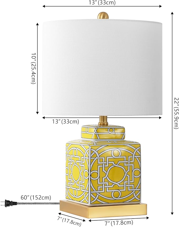 JONATHAN Y 22" Yellow/White Modern Ceramic Ginger Jar Table Lamp for Nightstand, Square Lattice Transitional Chinoiserie Lamp for Living Room, White Linen Shade, LED Bulb (JYL3044C)
