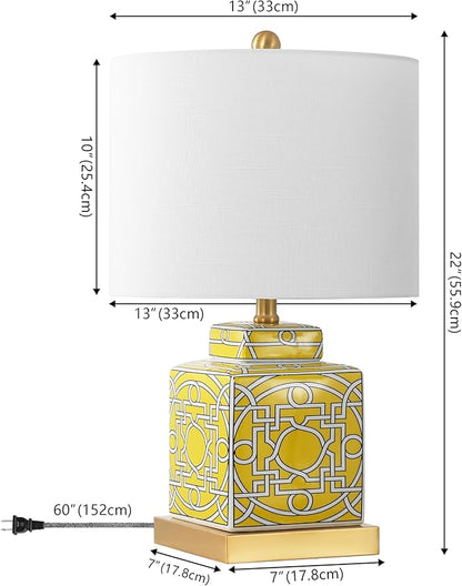 JONATHAN Y 22" Yellow/White Modern Ceramic Ginger Jar Table Lamp for Nightstand, Square Lattice Transitional Chinoiserie Lamp for Living Room, White Linen Shade, LED Bulb (JYL3044C)
