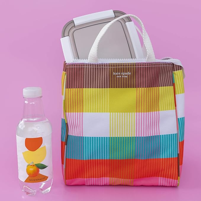 kate spade new york Portable Soft Cooler Lunch Bag, Thermal Tote with Insulated Interior Lining and Storage Pocket, Lunch Tote for Women, Rainbow Plaid