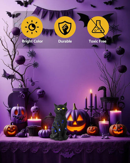 Black Cat Decor Halloween Decorations - 7.3'' Tall Resin Figurine with Moon Cutouts Color-Changing LED Flickering Lights (Halloween Cat)