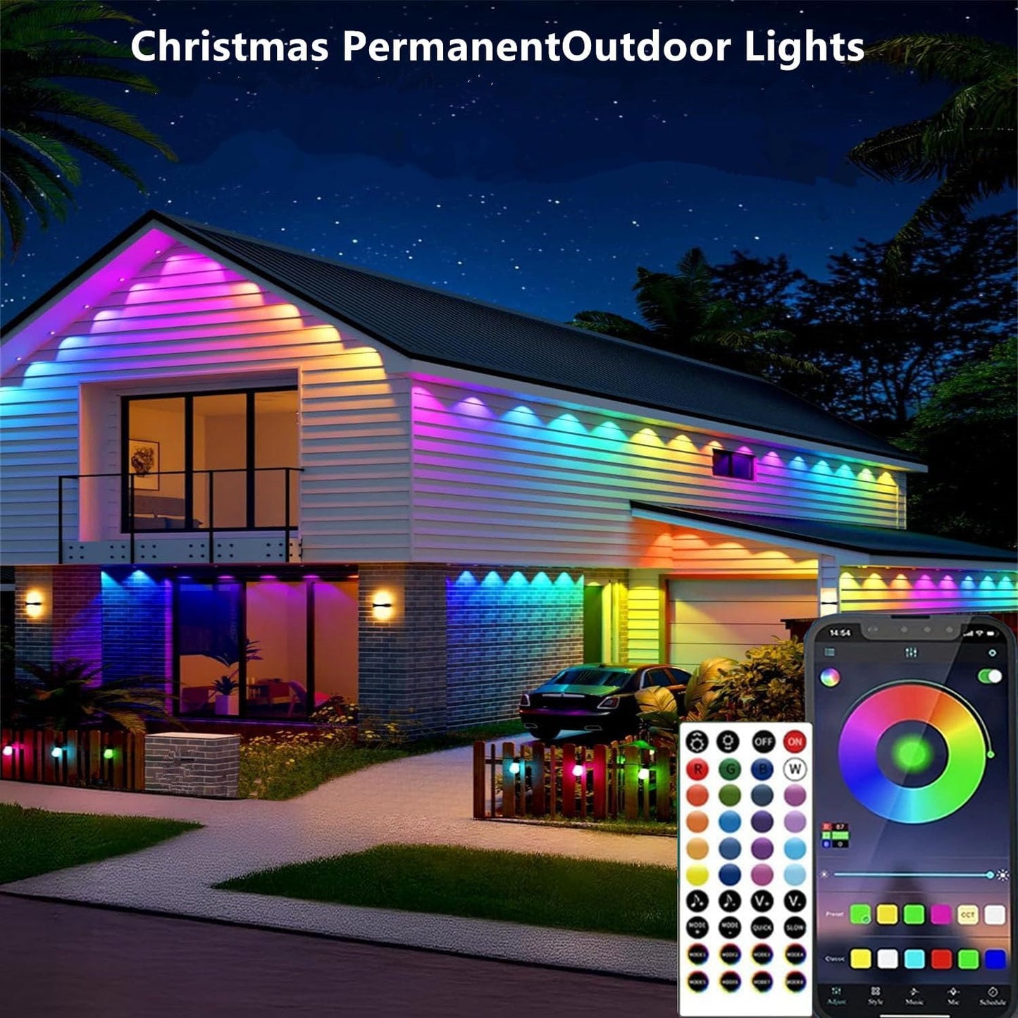 Permanent Outdoor Lights,50ft RGB + IC Smart LED Eaves Lights with App & Remote Control, IP67 Waterproof,for Christmas and All Holiday Decor,Daily and Accent Lighting,House Roof and Garden Lighting