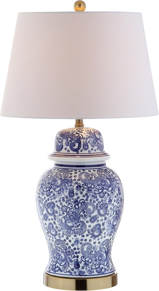 JONATHAN Y 29.5" Blue/White Ceramic Table Lamp for Living Room and Office, White Linen Drum Shade, Traditional Chinoiserie Ginger Jar Lamp, LED Bulb Included JYL3008A