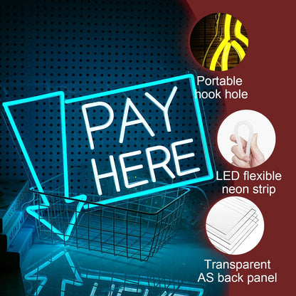 Pay Here Neon Sign Bright Ice Blue White Pay Light Up Sign for Business Decor Dimmable LED Words Neon Light for Restaurant Shop Bar Neon Wall Decor (16.5 * 12.8 In)