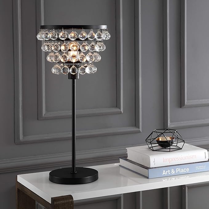 JONATHAN Y 25" Bronze Table Lamp, Modern Industrial Chandelier Style Light, Clear Crystal Beads, Glam Bedside Nightstand Lamp for Bedroom Living Room, LED Bulb Included JYL9004A