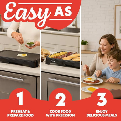 Gourmia 22 Inch XL Electric Griddle Pan - Nonstick Extra Large Flat Top Ceramic Surface, Countertop Cooker, Adjustable 200°F–400°F, Pull-Out Drip Tray, Compact Handle-Free Design