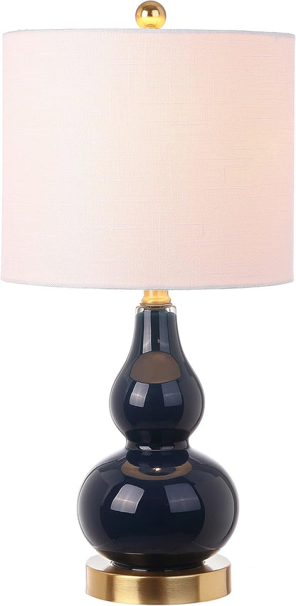 JONATHAN Y 20.5" Navy Glass Table Lamp, Modern Gourd Bedside Nightstand Lamp for Bedroom, Living Room, White Linen Shade, LED Bulb Included (JYL1028F)