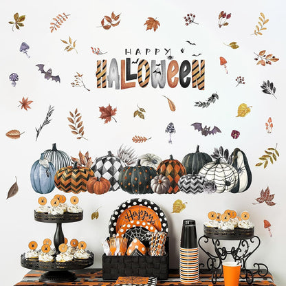 clothmile 40.15 x 38.58 Inch Happy Halloween Pumpkins Wall Decals Halloween Leaves Bat Spider Wall Stickers Halloween Removable Wall Sticker for Halloween Party Supplies Home Wall Decor