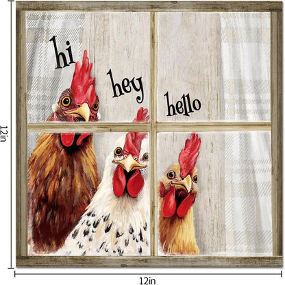 Visual Art Decor Funny Rooster Wall Art Chicken Picture Rustic Farmhouse Front Door Welcome Sign Framed 12x12 inch, Rustic Brown