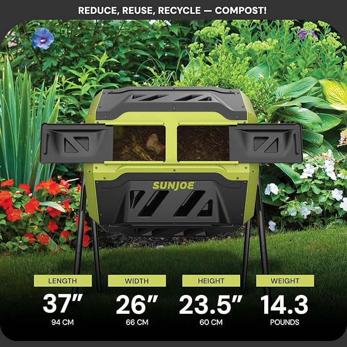 Sun Joe Outdoor Tumbling Composter Bin with 360° Dual Chamber, 2-10 Weeks Compost, 42 Gal - Rotating Composting Tumbler for Home Waste Management and Solution, SJ-CMPS1