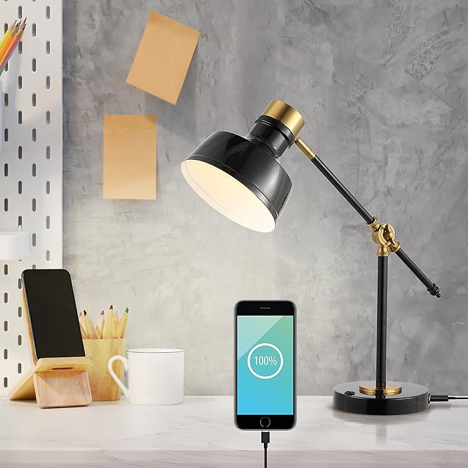 JONATHAN Y 18.5" Black/Brass Gold Adjustable Cantilever LED Task Lamp with USB Charging Port, Vintage Farmhouse Desk Lamp for Home Office Reading, Metal Shade JYL7124A
