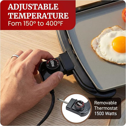 Elite Gourmet 10" x 20", Electric Griddle, Large PFAS-Free Ceralast™ Ceramic Non-Stick Surface Cool-touch Handles, Removable/Adjustable Thermostat, Easy to Clean Removable Grease Tray, Black/Grey