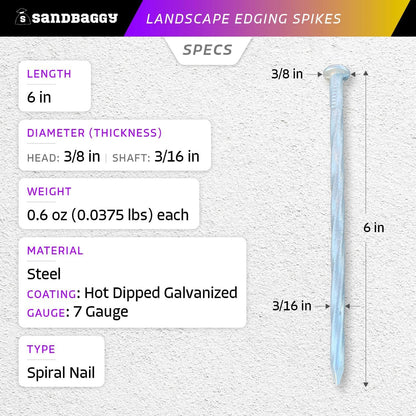Sandbaggy 6 inch Galvanized Landscape Edging Spikes - Spiral Landscape Nails - 7 Gauge Steel - Great for Hard Rocky Soil - Also Great for Paver Edging, Artificial Turf, Landscape Fabric (100, 6 inch)
