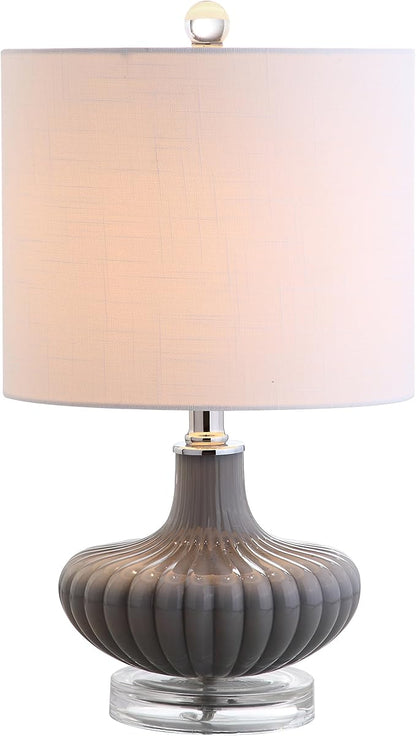 JONATHAN Y 18" Gray Fluted Glass and Lucite Table Lamp, Contemporary Teardrop Bedside Lamp with White Linen Drum Shade for Nightstand, Console Table, LED Bulb Included JYL1032A