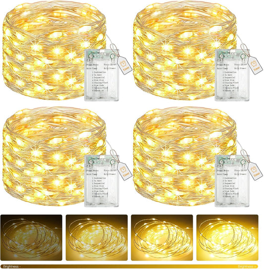 btfarm 4 Pack Fairy Lights Battery Operated with Timer, 16.4 FT 50 LED Twinkle String Lights 8 Modes Dimmable Waterproof Silver Wire for Indoor Bedroom Christmas Party Wedding Decorations, Warm White