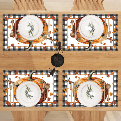 Linen Fall Placemats Set of 4 Fall Table Mats Farmhouse Pumpkin Butterfly Decor for Home Autumn Thanksgiving Home Kitchen Dining Room Table Decorations