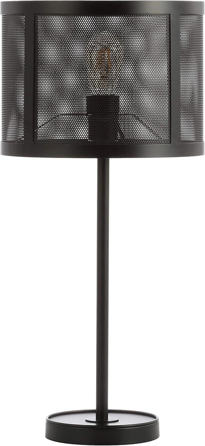 JONATHAN Y 25" Black Minimalist Metal LED Table Lamp, Modern Industrial Iron Desk Lamp for Living Room Bedroom, Round Metal Screen Drum Shade, LED Bulb Included JYL1102A